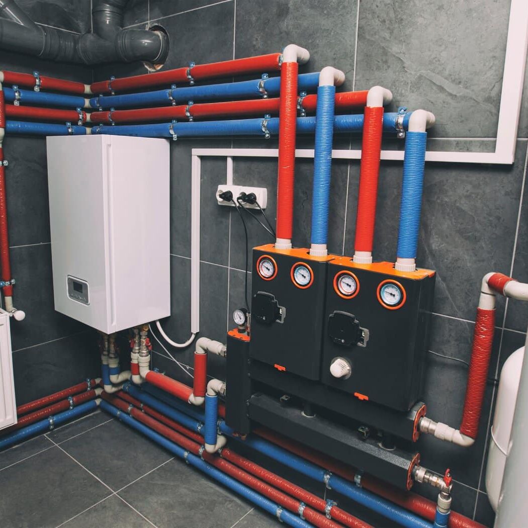 A modern electic boiler room. Equipment for modern heating system as a boiler, heater,pipes, expansion tank and other